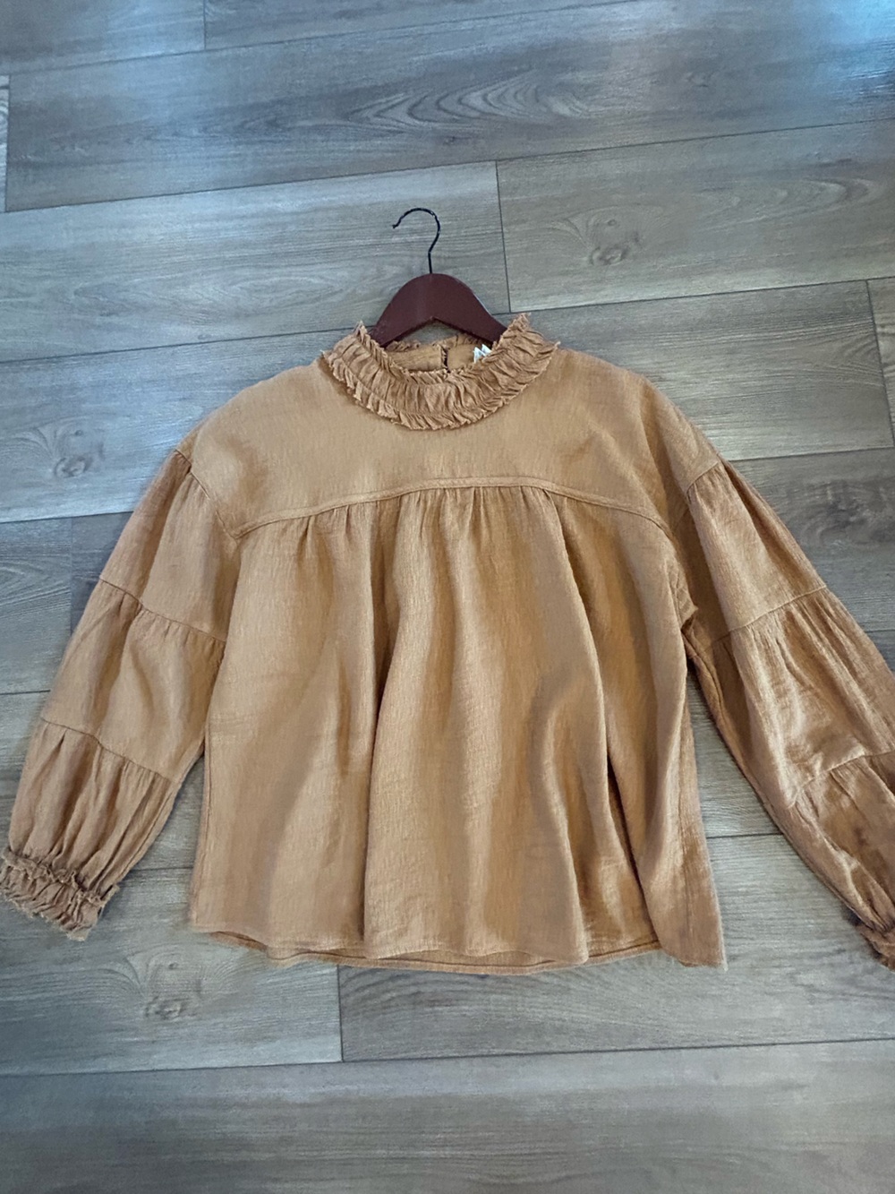 Loveriche Boho Gauze Blouse Medium Brown Ruffle Neck Peasant Top